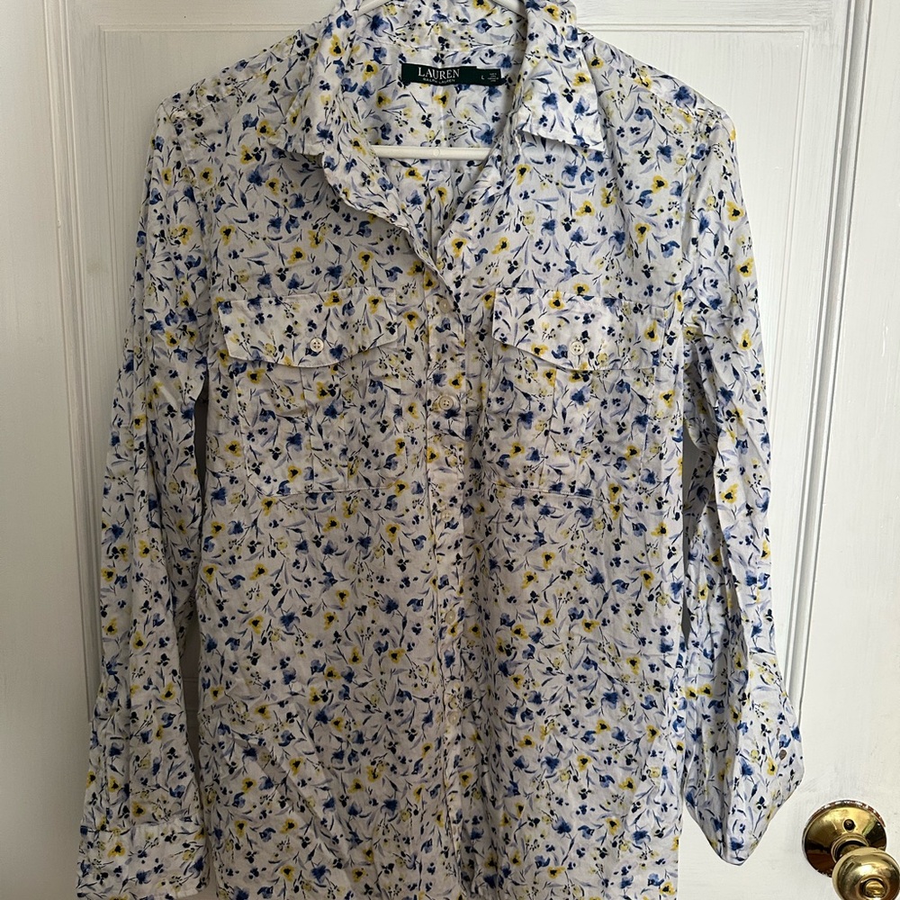 Ralph Lauren White Floral Button-Down Shirt with Blue and Yellow Print